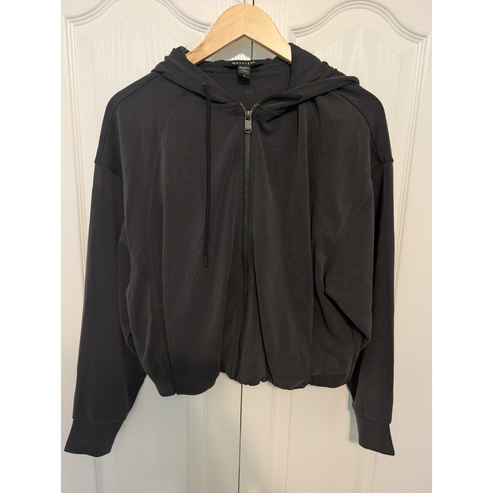 Athleta Seasoft Bubble Hem Hoodie L Black Full Zip Jacket Cropped - Picture 1 of 5
